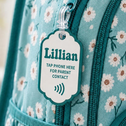 Personalized NFC Safety Bag Charm | Kids Backpack Emergency Contact Tag | Tap Phone for Parent Contact | Girls Pink Custom Acrylic Backpack (Copy)