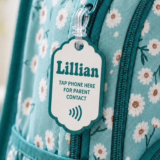 Personalized NFC Safety Bag Charm | Kids Backpack Emergency Contact Tag | Tap Phone for Parent Contact | Girls Pink Custom Acrylic Backpack (Copy)