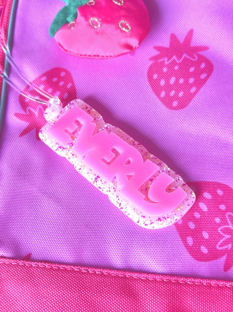 Personalized Acrylic Name Bag Tag – Hot Pink with Glitter Background Backpack or Sports Bag Tag