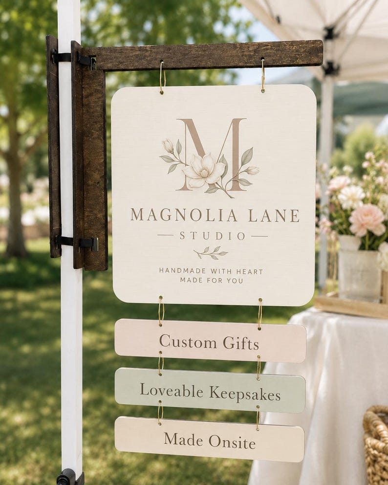 Custom Square Double-Sided Wooden Market Logo Sign with optional mounting bracket
