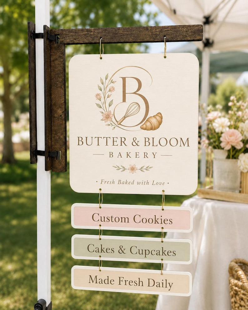 Custom Square Double-Sided Wooden Market Logo Sign with optional mounting bracket
