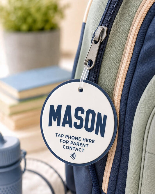 Personalized NFC Safety Bag Charm | Kids Backpack Emergency Contact Tag | Tap Phone for Parent Contact | Boys Custom Acrylic Backpack