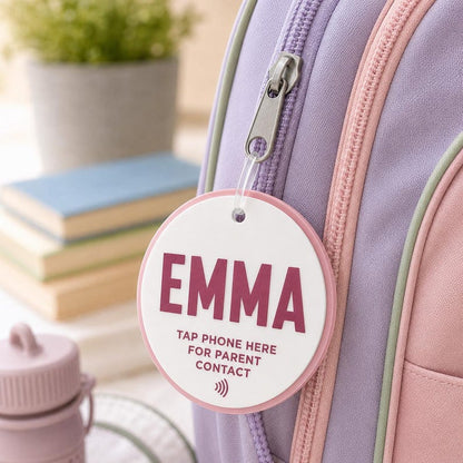 Personalized NFC Safety Bag Charm | Kids Backpack Emergency Contact Tag | Tap Phone for Parent Contact | Girls Pink Custom Acrylic Backpack