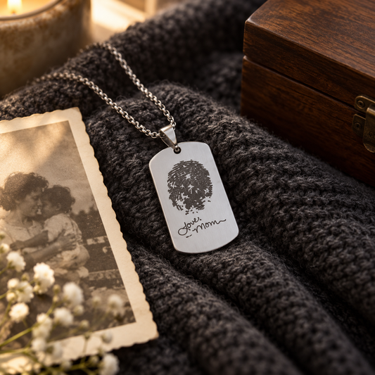 Engraved keepsake dogtag necklace, engraved fingerprint necklace, engraved handwriting necklace, memorial keepsake engraved dog tag necklace