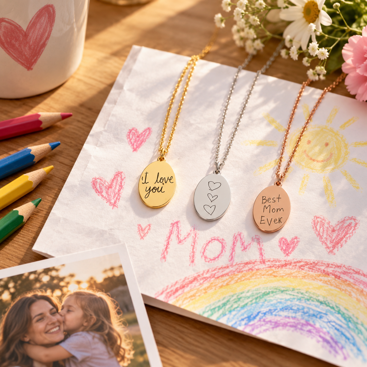 Engraved drawing necklace, Engraved handwritten note necklace, oval pendant necklace, Mom gift