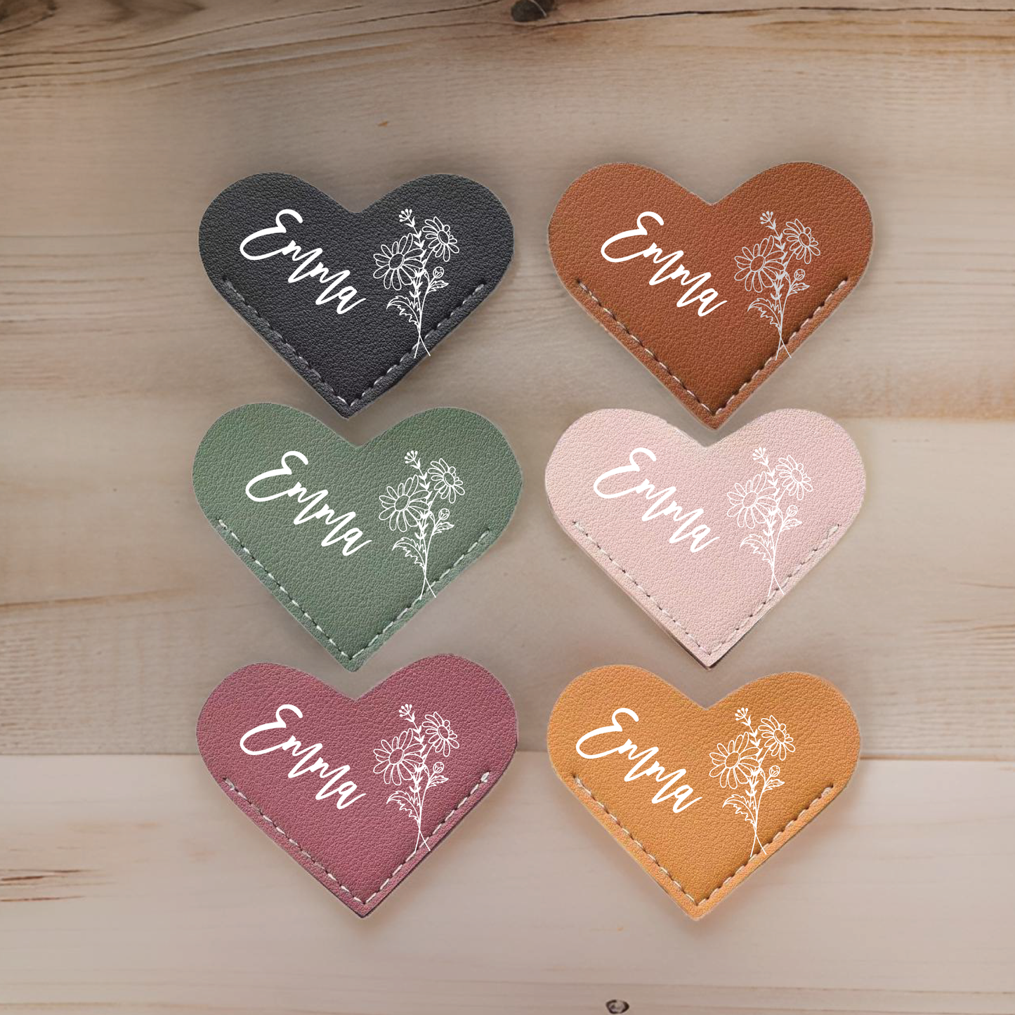 Set of 6 personalized leatherette heart bookmarks - with birth flowers