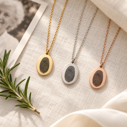 Personalized fingerprint name necklace, oval pendant necklace, memorial gift