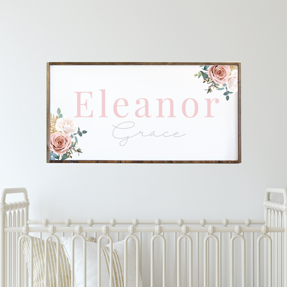 Farmhouse wood framed nursery name sign, floral