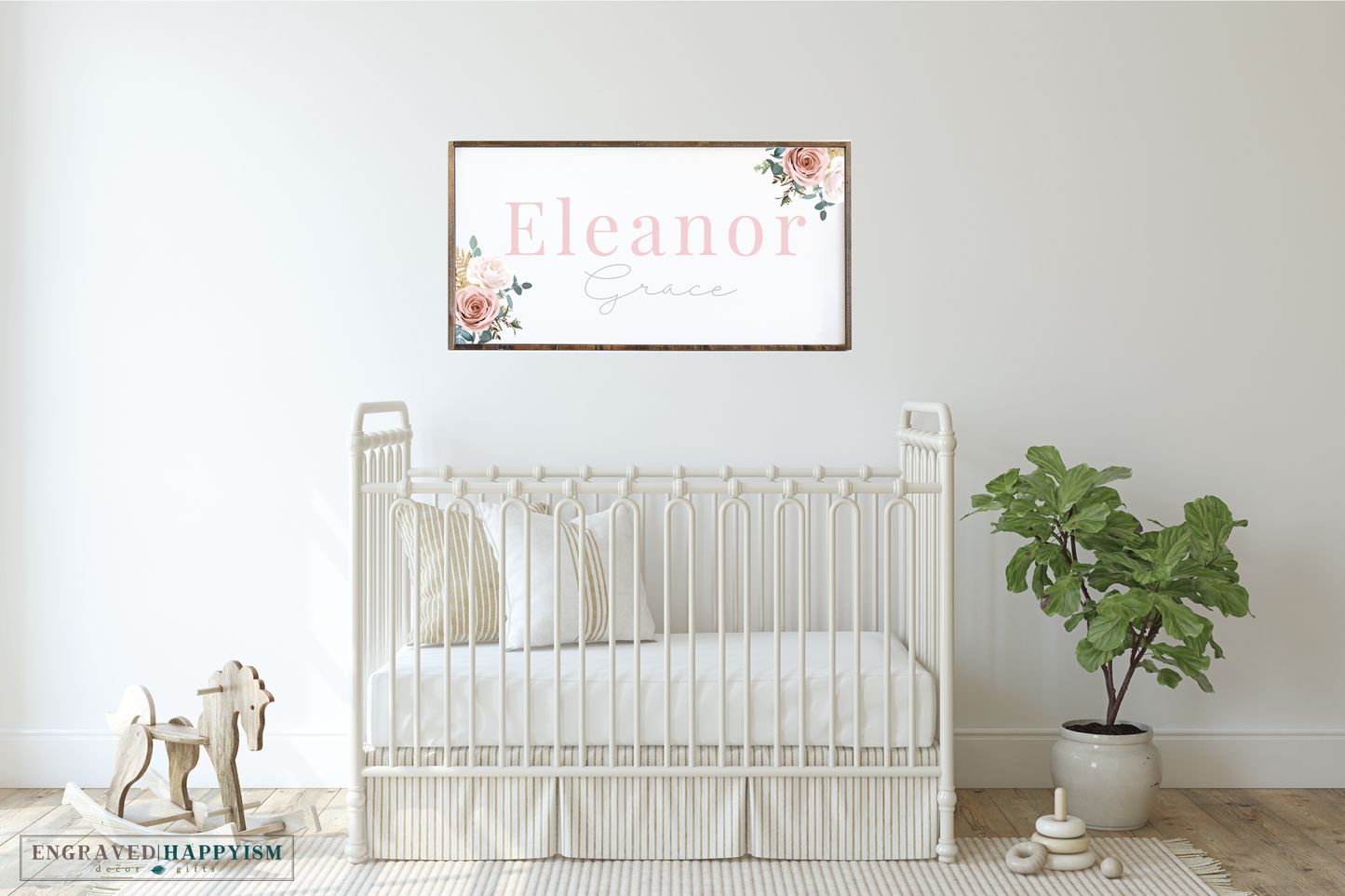 Farmhouse wood framed nursery name sign, floral