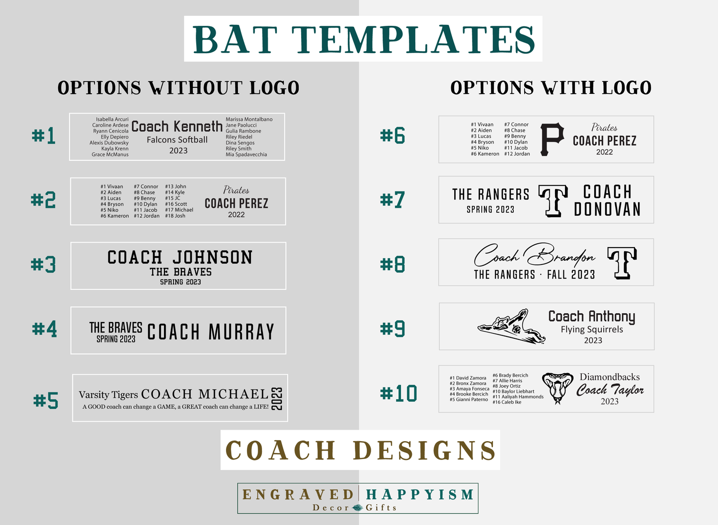 Engraved Miniature Coach Bat, Design #9 Sample