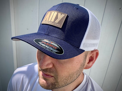 Custom Leatherette Patch Hat - Flexfit hat - Happyism, Inc. Engraving 