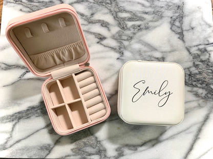 Personalized small travel jewelry box - name in corner