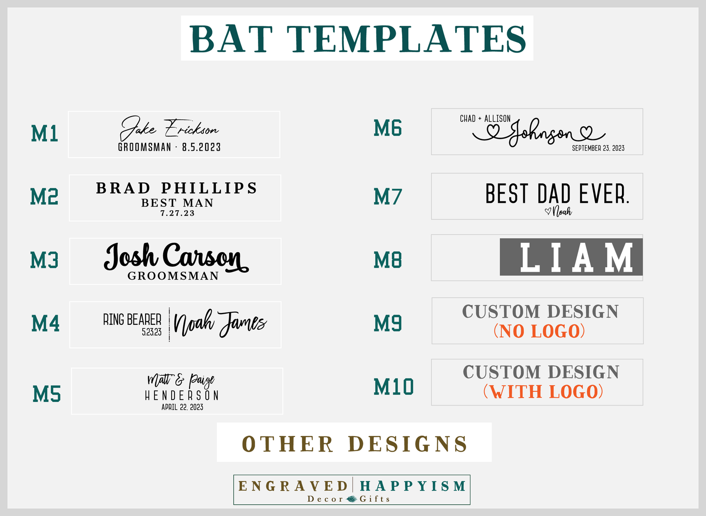 Engraved Miniature Bat, Custom text and logo Design #M10 Sample