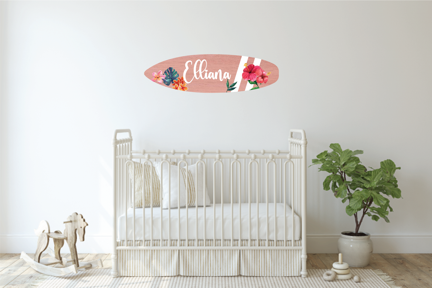 Surfboard name sign - floral with two stripes