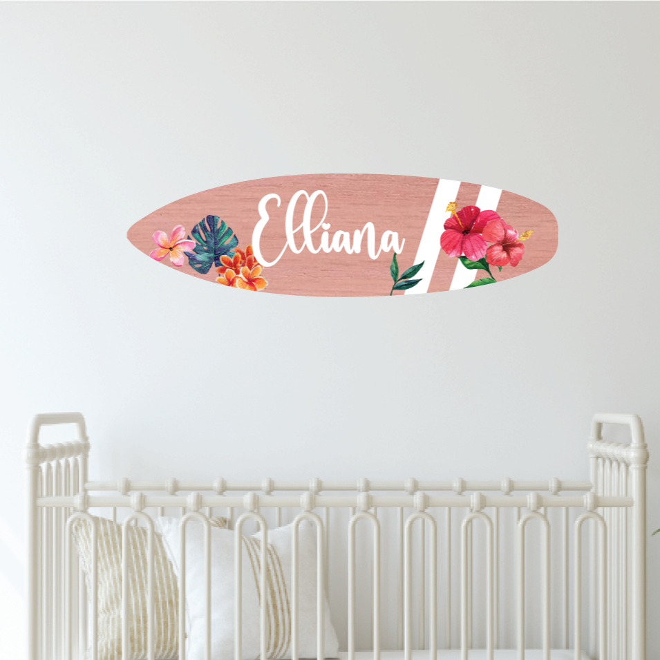 Surfboard name sign - floral with two stripes