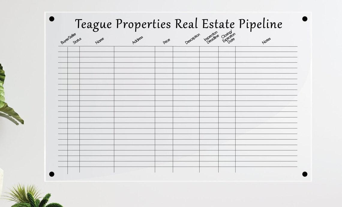 Real estate pipeline dry/wet erase acrylic sign, Realtor dry erase board #005