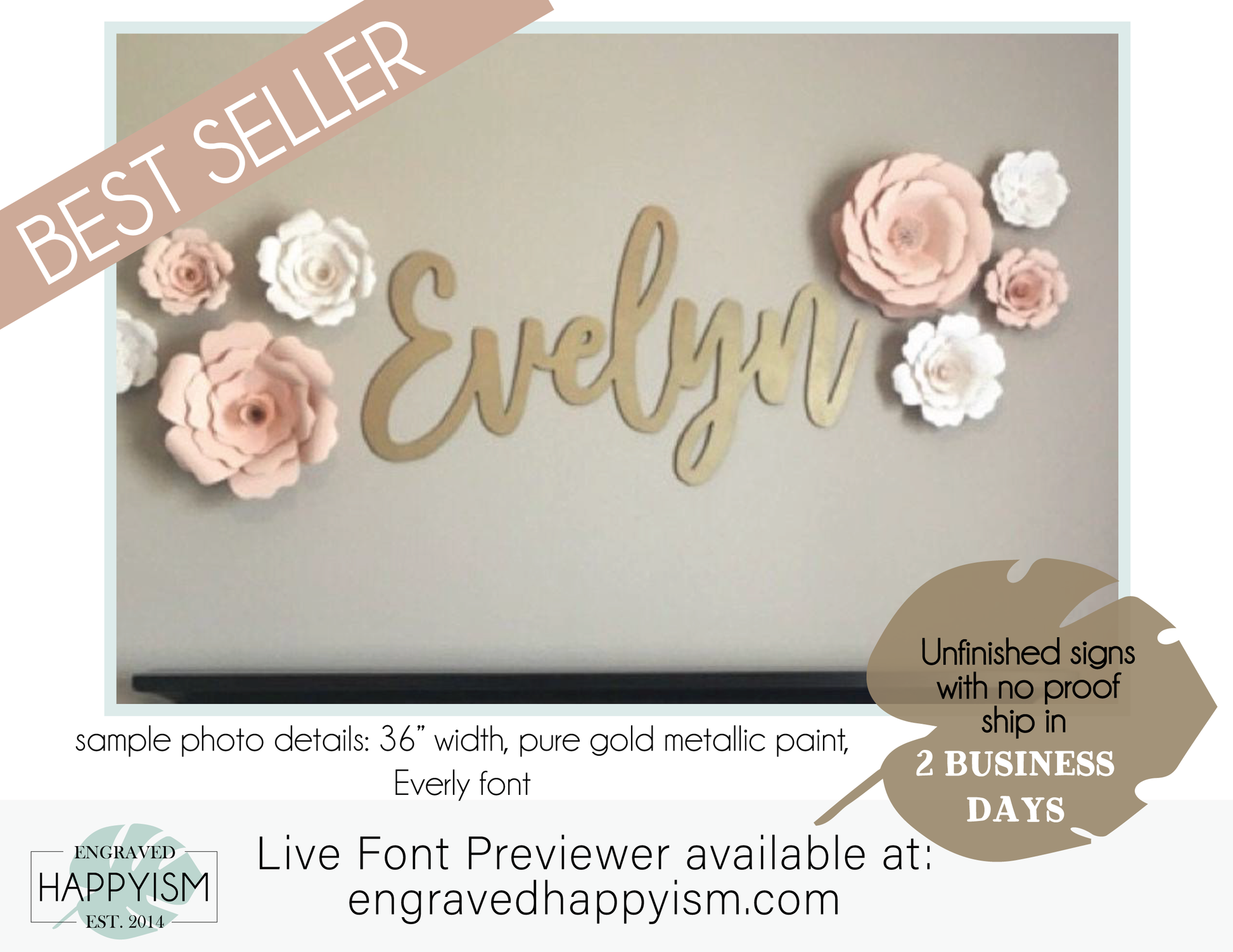 Custom Wood Sign -  Live Preview - up to 48" wide - Paint, Glitter, Stain options - Happyism, Inc. Engraving 
